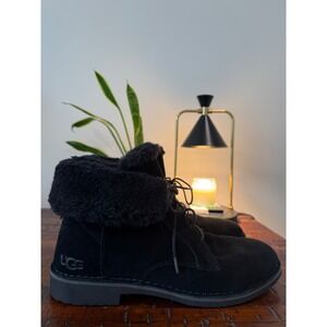 UGG Quincy Winter Black Suede Shearling Cuff Lace Up Ankle Boots Women's Size 10